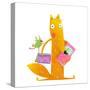 Cartoon Fox Reading Books with Bird Friend. Cute Red Fox and Birdie Sitting and Reading Books. Wild-Popmarleo-Stretched Canvas