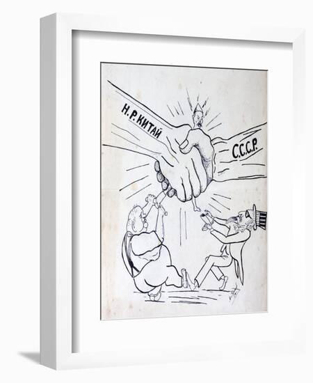 Cartoon from 1950 Depicting an Alliance of the Soviet Union and China Strangling Chiang Kai-Shek-null-Framed Giclee Print