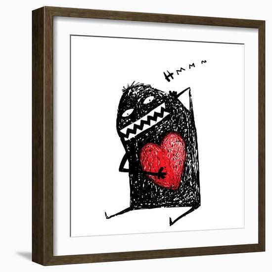 Cartoon Fun Amazing Character Scribble Love with Red Heart Inside. Cartoon Character with Red Heart-Popmarleo-Framed Art Print