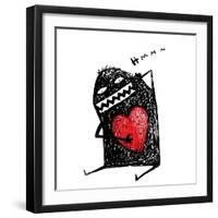 Cartoon Fun Amazing Character Scribble Love with Red Heart Inside. Cartoon Character with Red Heart-Popmarleo-Framed Art Print