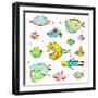 Cartoon Fun Humorous Fish Drawing Collection. Funny Cartoon Brightly Colored Fish Drawing Set. Penc-Popmarleo-Framed Art Print