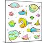 Cartoon Fun Humorous Fish Drawing Collection. Funny Cartoon Brightly Colored Fish Drawing Set. Penc-Popmarleo-Mounted Art Print