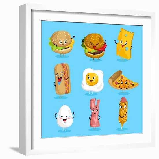 Cartoon Funny Fast Foods Characters Isolated Vector Illustration. Funny Food Face Icon. Fast Food E-studioworkstock-Framed Art Print