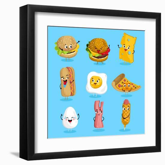 Cartoon Funny Fast Foods Characters Isolated Vector Illustration. Funny Food Face Icon. Fast Food E-studioworkstock-Framed Art Print