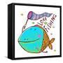 Cartoon Funny Fish Greeting Card Design Hand Drawn. Humorous Cartoon Hand Drawn Colorful Fish Holdi-Popmarleo-Framed Stretched Canvas