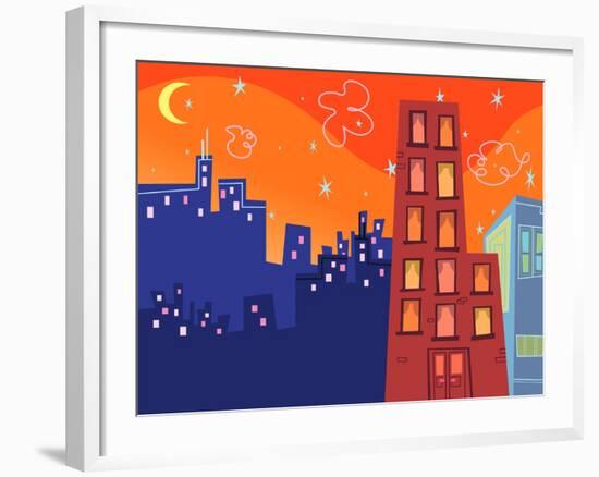 Cartoon Groovy Buildings Silhouettes-fat_fa_tin-Framed Art Print