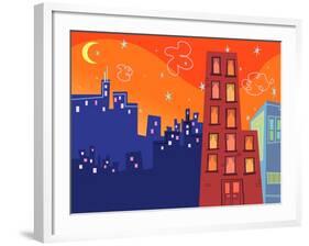 Cartoon Groovy Buildings Silhouettes-fat_fa_tin-Framed Art Print