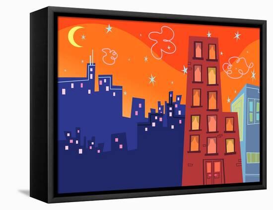 Cartoon Groovy Buildings Silhouettes-fat_fa_tin-Framed Stretched Canvas