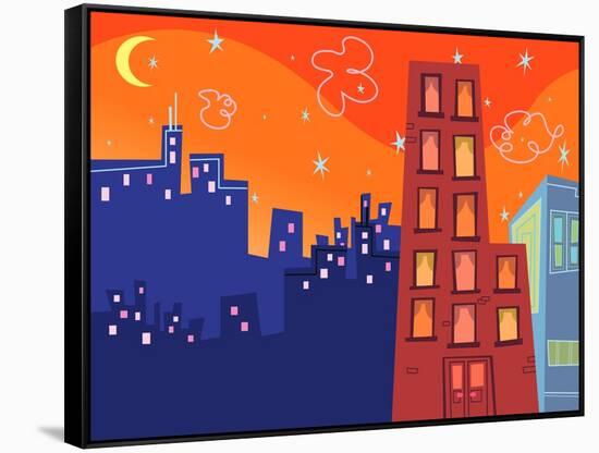 Cartoon Groovy Buildings Silhouettes-fat_fa_tin-Framed Stretched Canvas