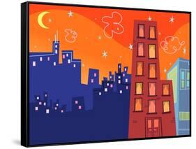 Cartoon Groovy Buildings Silhouettes-fat_fa_tin-Framed Stretched Canvas