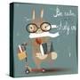 Cartoon Hare with Books-Elena Barenbaum-Stretched Canvas