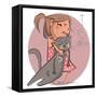 Cartoon Illustration of Girl with Kitten Pet.-Elena Barenbaum-Framed Stretched Canvas