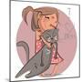 Cartoon Illustration of Girl with Kitten Pet.-Elena Barenbaum-Mounted Art Print