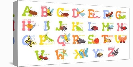 Cartoon Insects Alphabet. Funny Bug Letters, Comic Insect Abc for Kids and Cute Bugs Vector Illustr-Tetiana Lazunova-Stretched Canvas