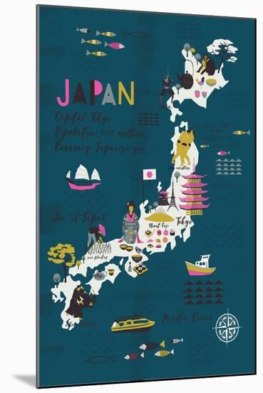 Cartoon Map of Japan. Print Design-Lavandaart-Mounted Art Print