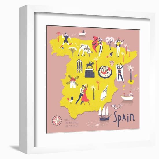 Cartoon Map of Spain with Legend Icons-Lavandaart-Framed Art Print