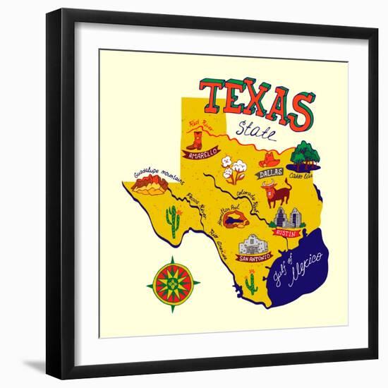 Cartoon Map of Texas.Travels-Daria_I-Framed Art Print