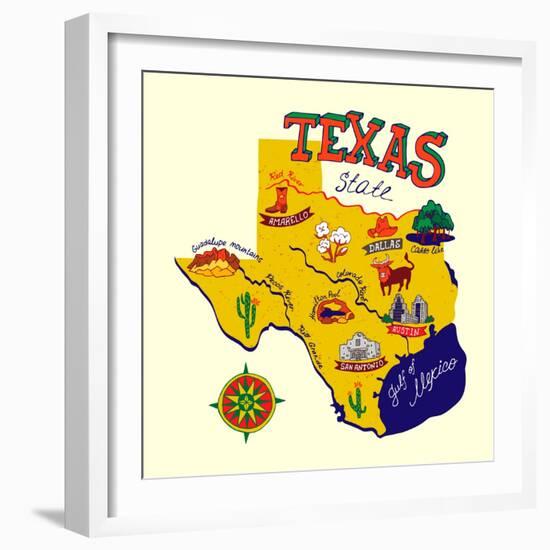 Cartoon Map of Texas.Travels-Daria_I-Framed Art Print