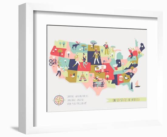 Cartoon Map of USA with Legend Icons-Lavandaart-Framed Art Print