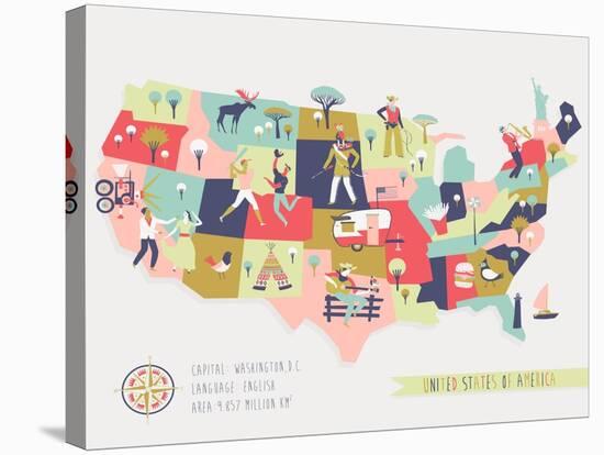 Cartoon Map of USA with Legend Icons-Lavandaart-Stretched Canvas