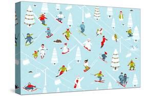 Cartoon Mountain Ski Resort Seamless Pattern. Mountain Skiing Background Winter Resort with People-Popmarleo-Stretched Canvas