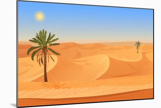 Cartoon Nature Sand Desert Landscape with Palms, Herbs and Mountains. Vector Seamless Game Style Il-Lemberg Vector studio-Mounted Art Print