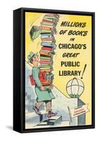 Cartoon of Man with Stack of Books for Chicago Library, Chicago, Illinois-null-Framed Stretched Canvas