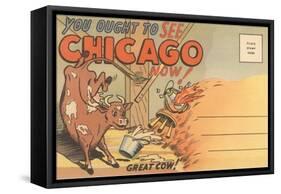 Cartoon of O'Leary's Cow, Chicago, Illinois-null-Framed Stretched Canvas