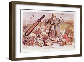Cartoon of President Roosevelt Portrayed as a Giant Policeman Astride Two Continents-null-Framed Giclee Print