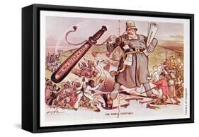 Cartoon of President Roosevelt Portrayed as a Giant Policeman Astride Two Continents-null-Framed Stretched Canvas