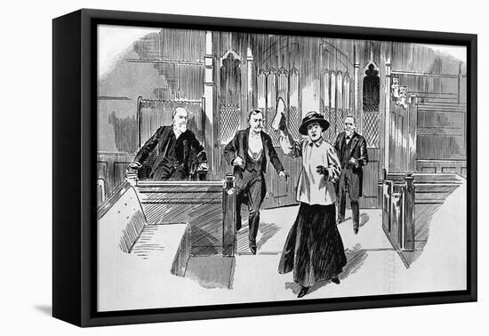 Cartoon of Suffragette in House of Commons-null-Framed Stretched Canvas