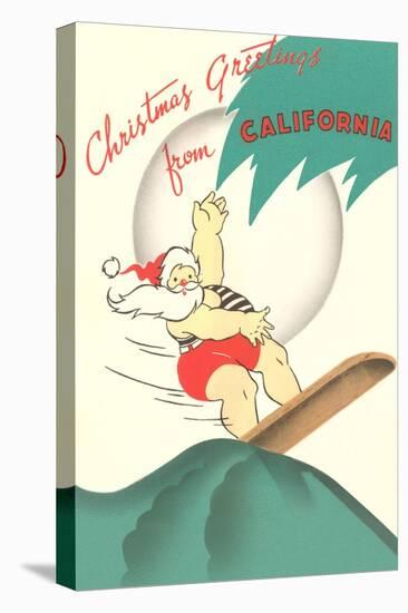 Cartoon of Surfing Santa, Christmas Greetings from California-null-Stretched Canvas