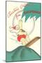 Cartoon of Surfing Santa, Christmas Greetings from California-null-Mounted Art Print