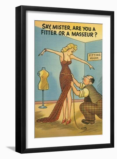 Cartoon of Woman and Tailor-null-Framed Art Print