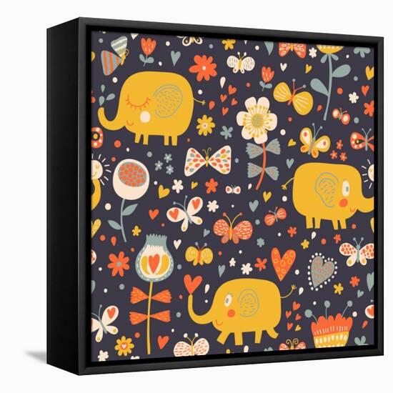 Cartoon Orange Elephants in Flowers with Butterflies. Seamless Pattern Can Be Used for Wallpapers,-smilewithjul-Framed Stretched Canvas