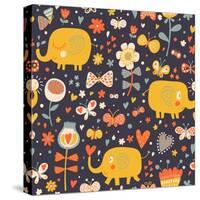 Cartoon Orange Elephants in Flowers with Butterflies. Seamless Pattern Can Be Used for Wallpapers,-smilewithjul-Stretched Canvas