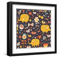 Cartoon Orange Elephants in Flowers with Butterflies. Seamless Pattern Can Be Used for Wallpapers,-smilewithjul-Framed Art Print