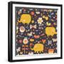 Cartoon Orange Elephants in Flowers with Butterflies. Seamless Pattern Can Be Used for Wallpapers,-smilewithjul-Framed Art Print