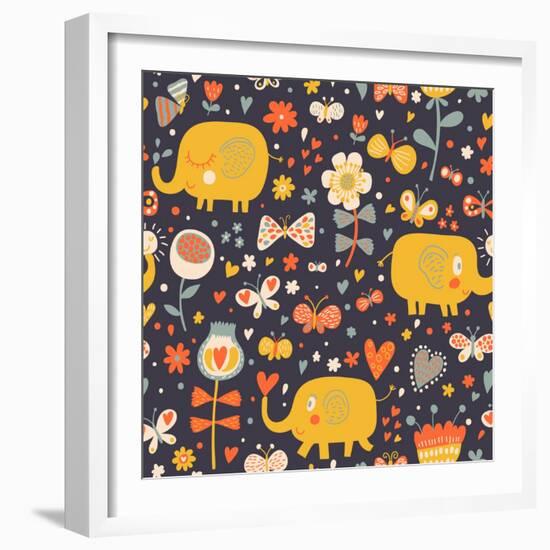 Cartoon Orange Elephants in Flowers with Butterflies. Seamless Pattern Can Be Used for Wallpapers,-smilewithjul-Framed Art Print