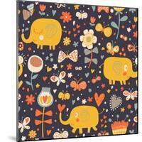 Cartoon Orange Elephants in Flowers with Butterflies. Seamless Pattern Can Be Used for Wallpapers,-smilewithjul-Mounted Art Print