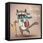 Cartoon Raccoon on Scooter-Elena Barenbaum-Framed Stretched Canvas