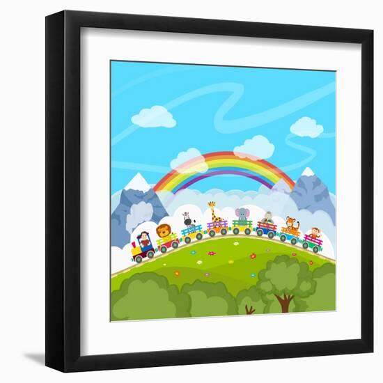 Cartoon Railway Train with Animals. Illustration-Natalia Pascari-Framed Art Print