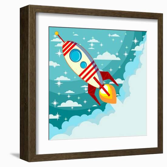 Cartoon Rocket Taking off against the Backdrop of the Moon and Clouds with Space for Text. Stock Ve-alekseiveprev-Framed Art Print