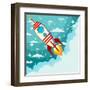 Cartoon Rocket Taking off against the Backdrop of the Moon and Clouds with Space for Text. Stock Ve-alekseiveprev-Framed Art Print