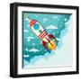 Cartoon Rocket Taking off against the Backdrop of the Moon and Clouds with Space for Text. Stock Ve-alekseiveprev-Framed Art Print