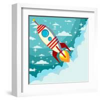 Cartoon Rocket Taking off against the Backdrop of the Moon and Clouds with Space for Text. Stock Ve-alekseiveprev-Framed Art Print