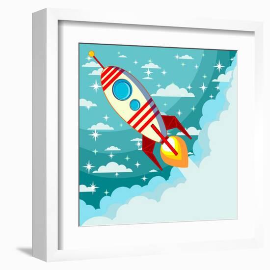 Cartoon Rocket Taking off against the Backdrop of the Moon and Clouds with Space for Text. Stock Ve-alekseiveprev-Framed Art Print