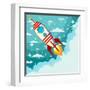 Cartoon Rocket Taking off against the Backdrop of the Moon and Clouds with Space for Text. Stock Ve-alekseiveprev-Framed Art Print