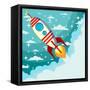 Cartoon Rocket Taking off against the Backdrop of the Moon and Clouds with Space for Text. Stock Ve-alekseiveprev-Framed Stretched Canvas