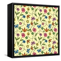 Cartoon Seamless Pattern with Flowers and Butterflies-Olga Savinova-Framed Stretched Canvas